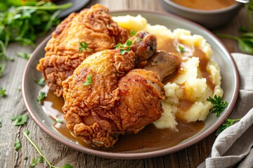 Crispy fried chicken served with creamy mashed potatoes and savory gravy in a rustic setting