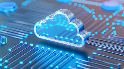 Blue Neon Cloud Symbol with Digital Circuit Pattern on a Futuristic Background