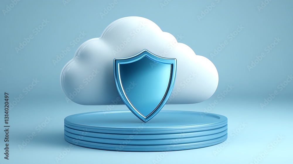 Poster blue shield icon over cloud platform representing cybersecurity and data protection in digital envir