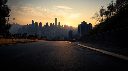 Sunrise over city skyline viewed from empty road.