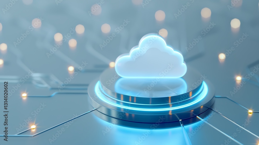 Poster bright cloud icon with circuit lines on digital background representing modern technology and connec
