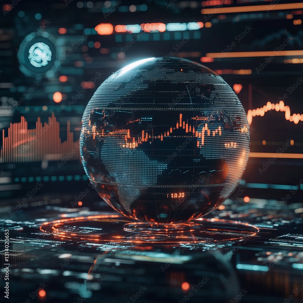 Poster a futuristic digital globe showcasing real-time data visualization with financial indicators. perfec
