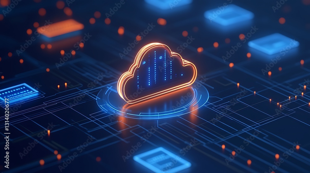 Poster bright cloud icon with digital data visualization over a futuristic technology background