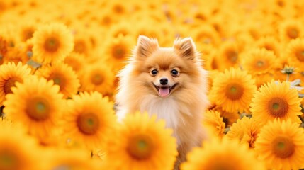 Obraz premium A Happy Pomeranian Dog in a Field of Vibrant Yellow Sunflowers