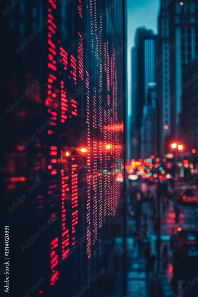 Poster a cityscape with a large screen displaying a series of numbers and letters