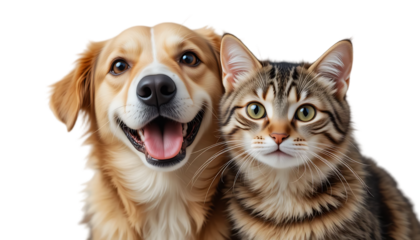 close up, Portrait of Happy dog and cat that looking at the camera together isolated on transparent background, friendship between dog and cat