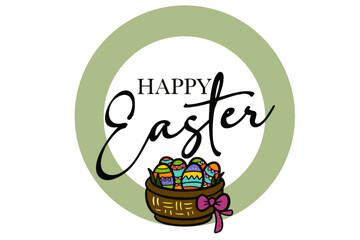 Stamp-style circular vector with 'Happy Easter', eggs, and a rabbit silhouette