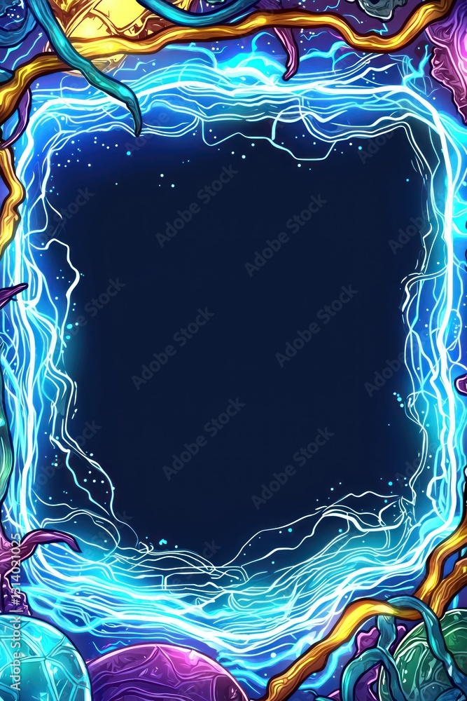 Poster glowing energy border in space. cosmic frame with swirling elements on dark background