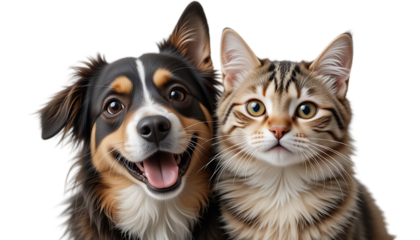 close up, Portrait of Happy dog and cat that looking at the camera together isolated on transparent background, friendship between dog and cat