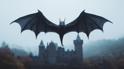 Majestic Dragon Soaring Over Mystical Castle in Foggy Landscape