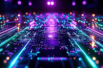 Fototapeta premium Cybernetic Pathways Circuit board illuminated with neon lights, technological, vibrant