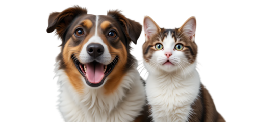 close up, Portrait of Happy dog and cat that looking at the camera together isolated on transparent background, friendship between dog and cat