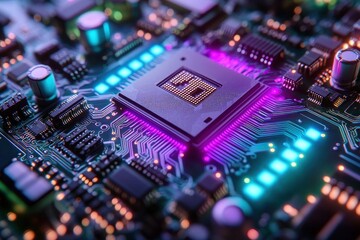 Fototapeta premium Glowing processor chip on circuit board, technology background, close-up view