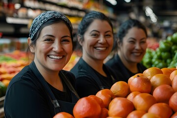 Fototapeta premium three smiling women working in a fruit and vegetable market.
