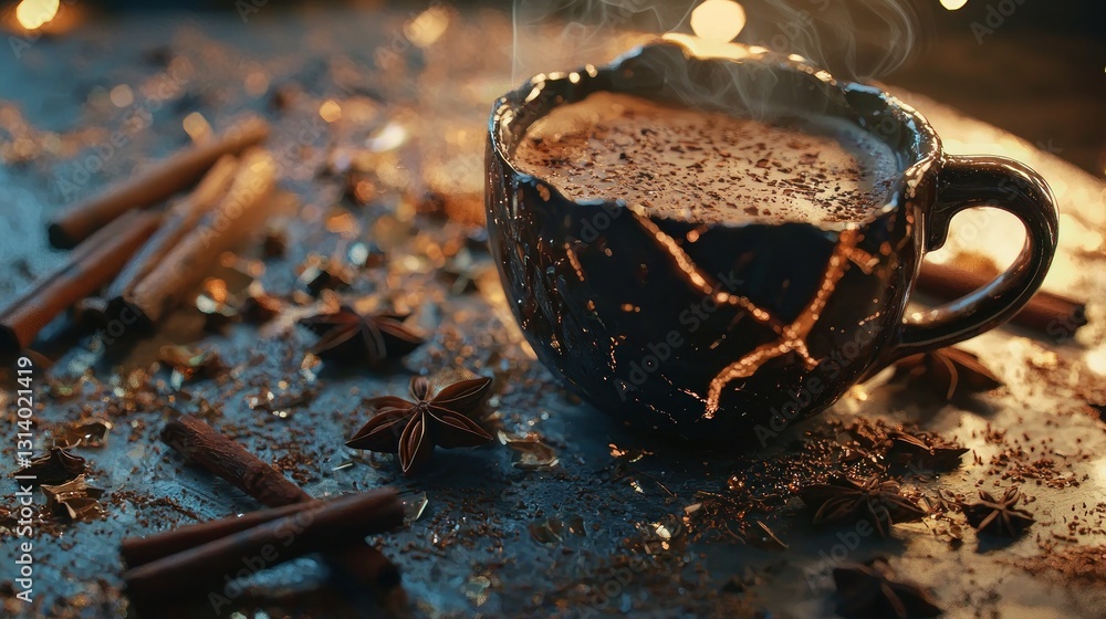 Poster steaming hot cocoa in a rustic mug with cinnamon and star anise.