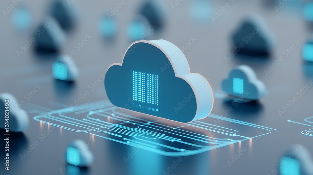 Poster cloud computing concept with abstract cloud symbols and digital data flow in a modern blue color sch