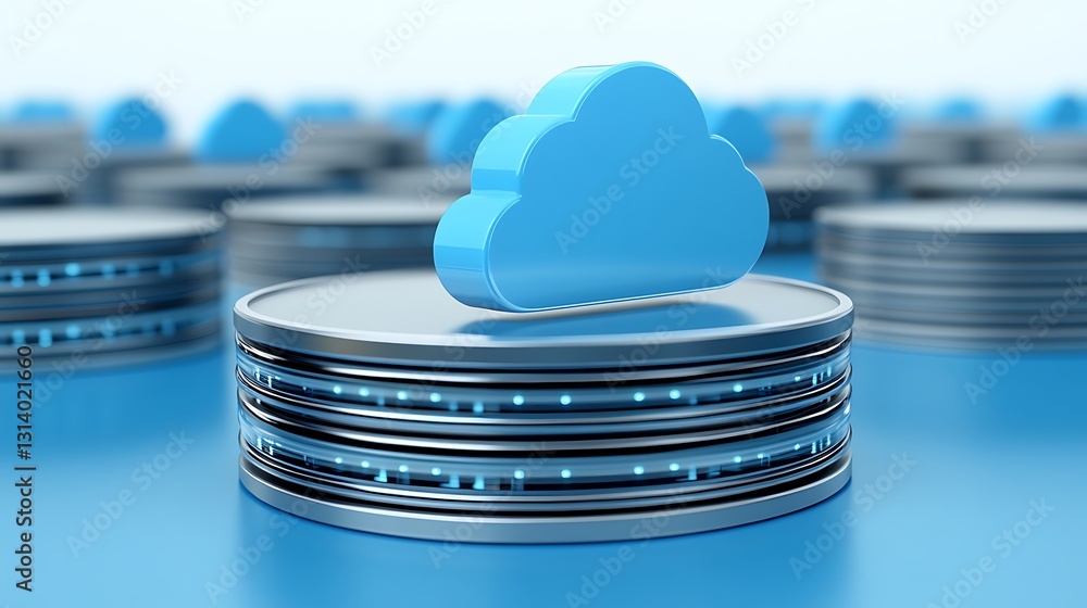 Poster cloud computing concept with blue cloud icon over stack of data storage discs in a digital environme