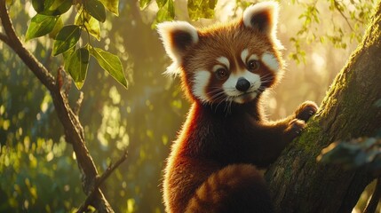 Fototapeta premium Adorable red panda cub perched on a tree branch in a sunlit forest.