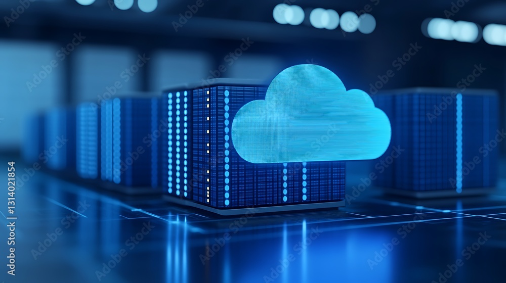 Poster cloud computing concept with blue server racks and digital cloud icon in a high-tech environment