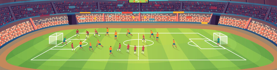 Soccer stadium. A large stadium arena with fans and a soccer field. Soccer field and fans. Soccer fans cheer their team.