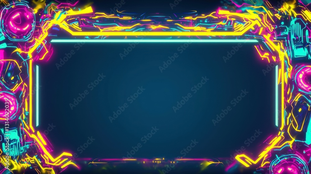 Poster glowing frame border with neon lights and detailed circuit pattern on dark blue background