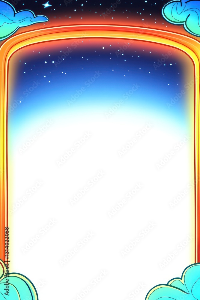 Aufkleber glowing frame in front of clouds and a starry night background, light illuminating empty space