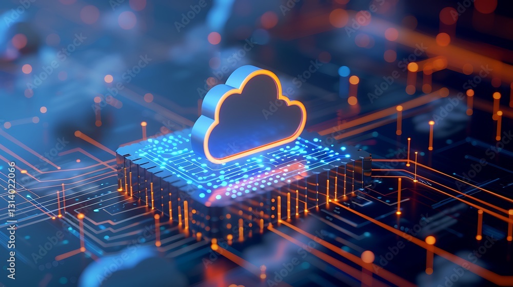 Poster cloud computing concept with colorful circuit board and digital elements representing future technol