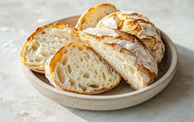 Naklejka premium Sliced Artisan Sourdough Bread on Beige Plate