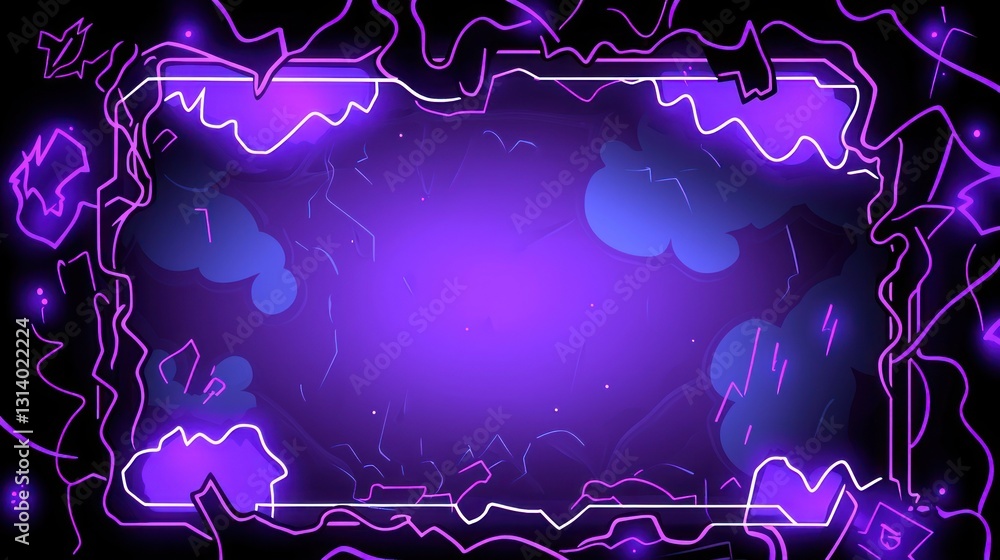 Poster glowing frame illuminates cloudy landscape with dynamic energy streaks on a dark backdrop