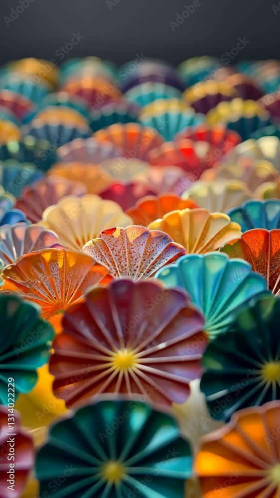 Poster a colorful umbrella pattern with many different colors. the umbrellas are arranged in a spiral patte