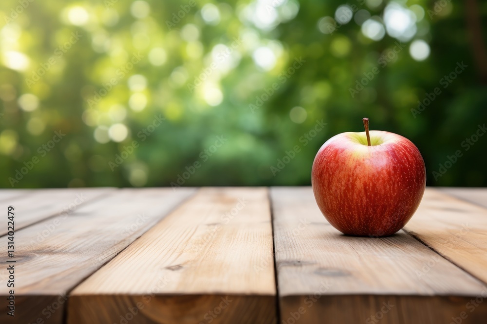 Poster a single red apple on a wooden table in a natural setting