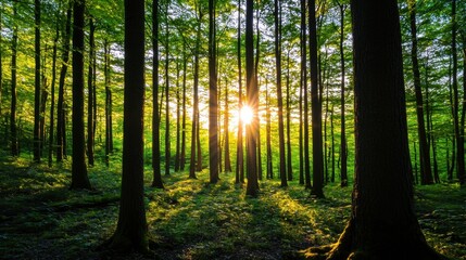 Obraz premium Sunlight Filtering Through Lush Green Forest Trees at Dawn