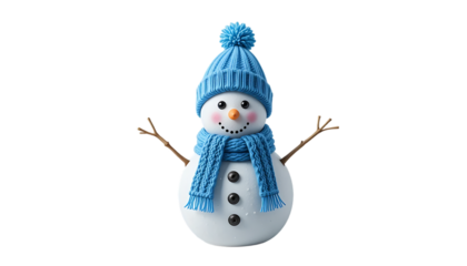 close up, Snowman with blue hat and scarf isolated on transparent background