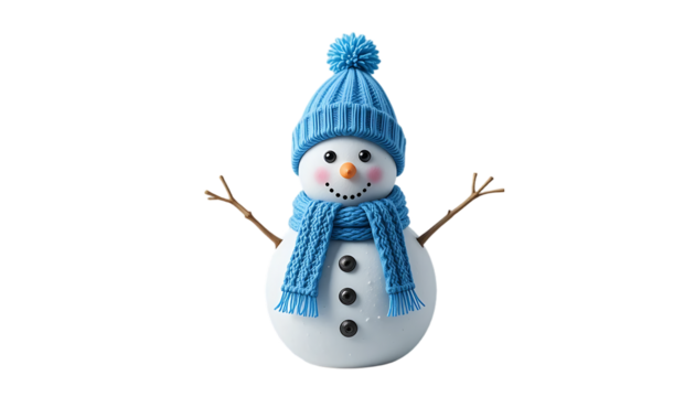 close up, Snowman with blue hat and scarf isolated on transparent background