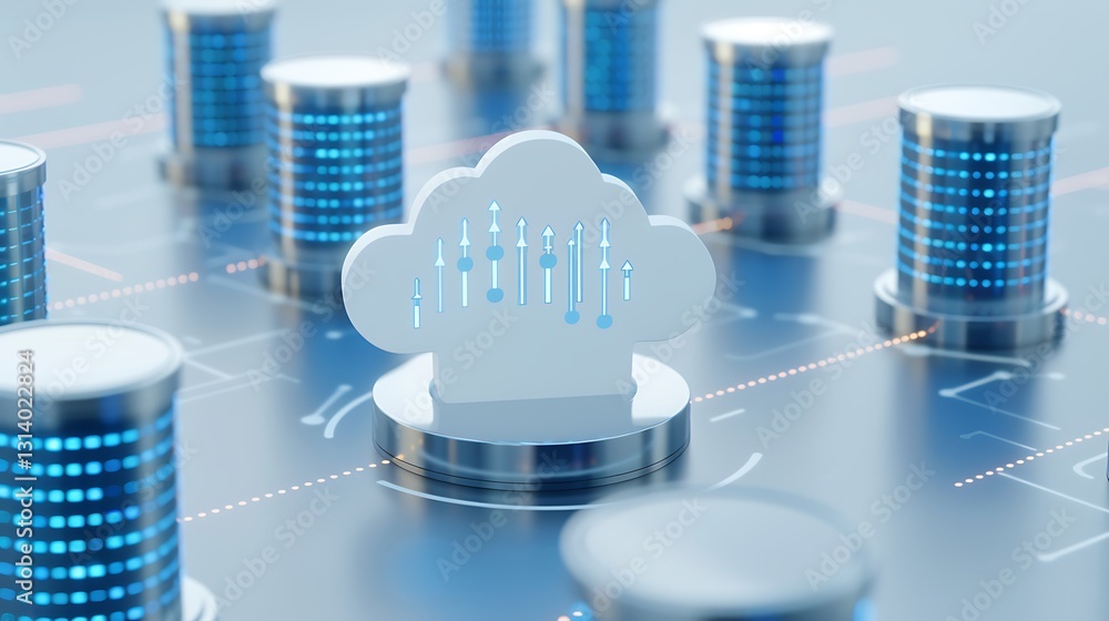 Poster cloud computing concept with data storage symbols and digital increasing arrows on a modern backgrou