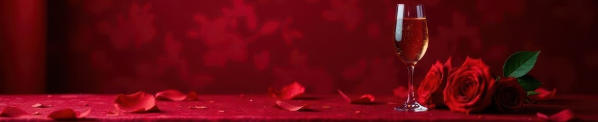 Elegant champagne flute, crimson roses, plush velvet backdrop, rose, romantic