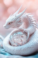 Fototapeta premium A porcelain dragon curls around a crystal orb, its body covered in intricately detailed scales. The glossy finish contrasts with the fierce expression, blending fantasy with elegance.