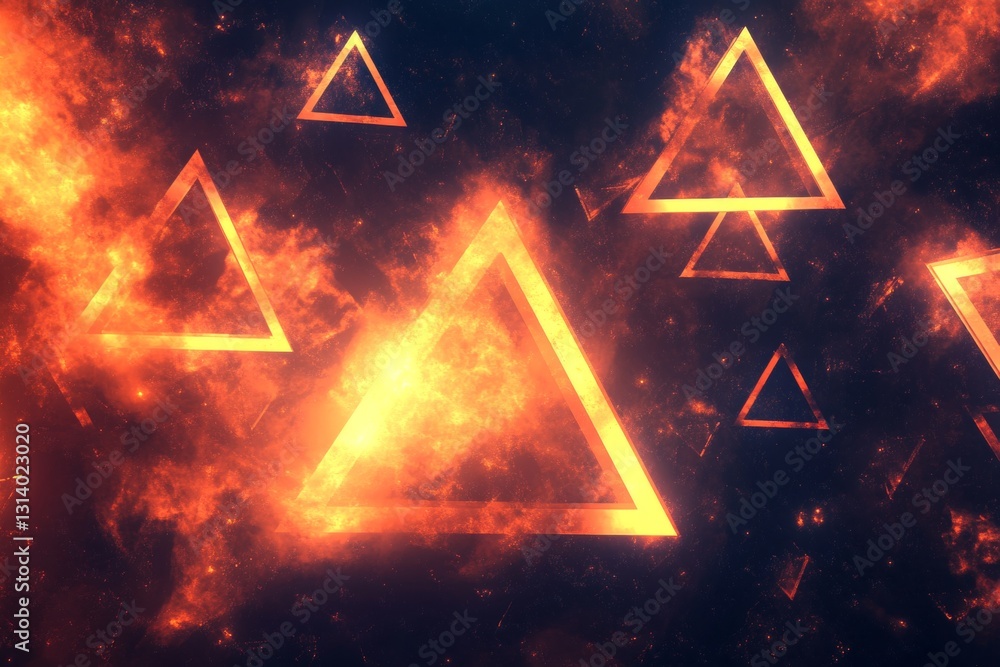Poster this striking abstract image features glowing triangles in a fiery cosmic background, creating a vib