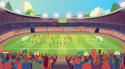 he stadium's Grand Arena with a football match and fans. Soccer stadium. A large stadium arena with fans and a soccer field. Soccer field and fans. Soccer fans cheer their team.