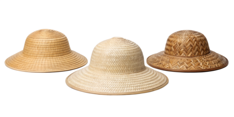 Three Different Styles of Traditional Woven Bamboo Hat for Cultural and Unique Headwear Photography, Cut Out