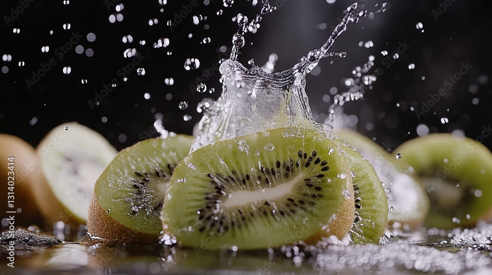 Poster sliced green kiwis with water splashing creating a dramatic effect