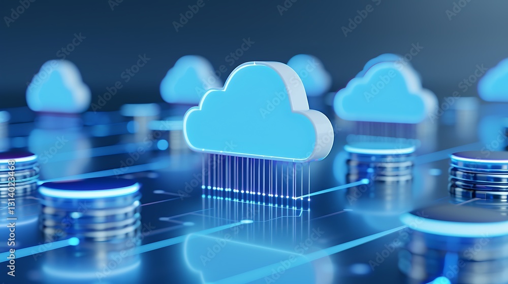 Poster cloud computing concept with glowing blue cloud and digital circuits on a futuristic background
