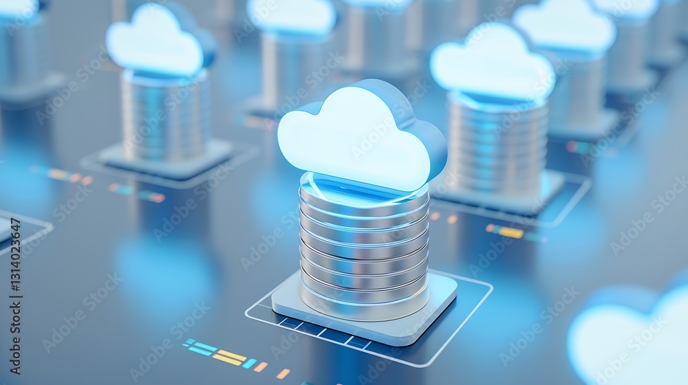 Poster cloud computing concept with metallic data stacks and glowing cloud icons for technology and informa