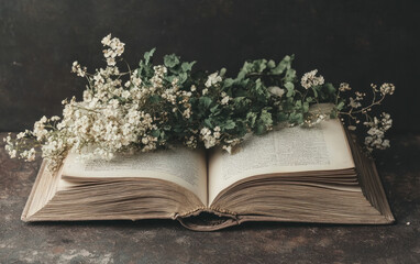 Antique Book with Delicate White and Green Flowers on Dark Background