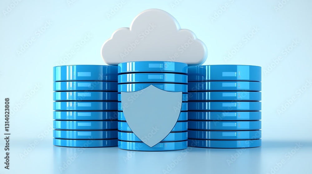 Poster cloud computing concept with shield symbol and blue data storage illustrations for cybersecurity the