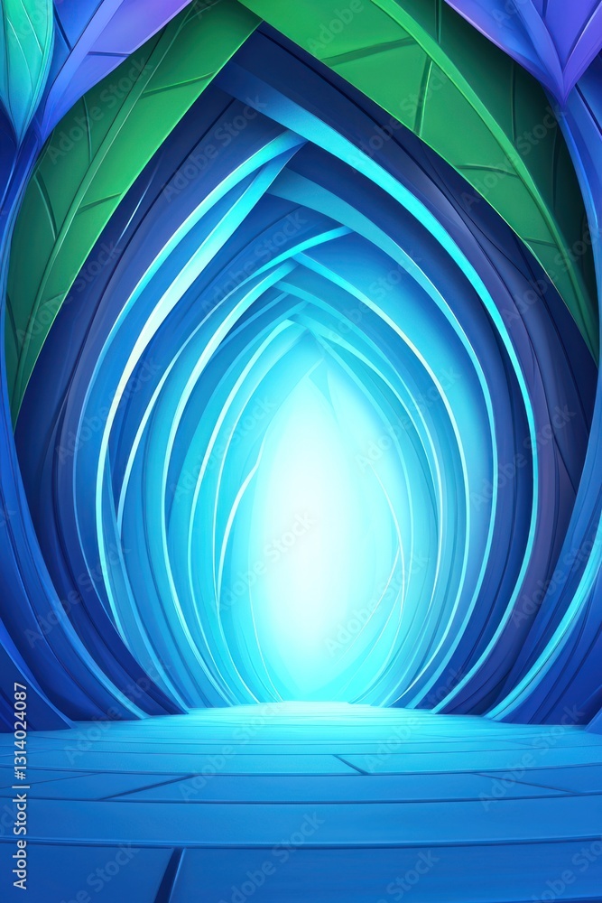 Poster glowing light shines through a cave-like opening with abstract leaf-like structures in a serene, eth