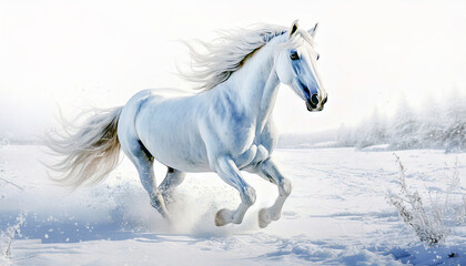 雪原を走る白馬,Generative AI,AI画像