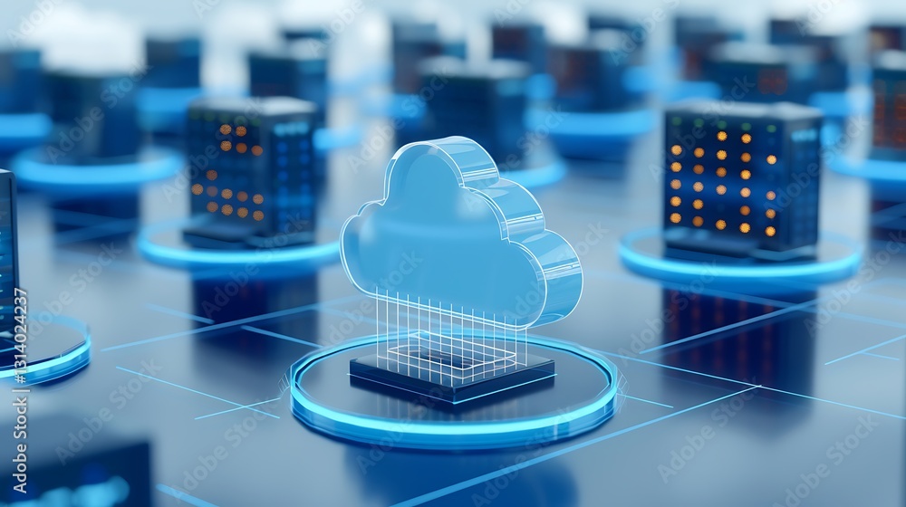 Poster cloud computing concept with transparent cloud icon and digital network background in futuristic sty