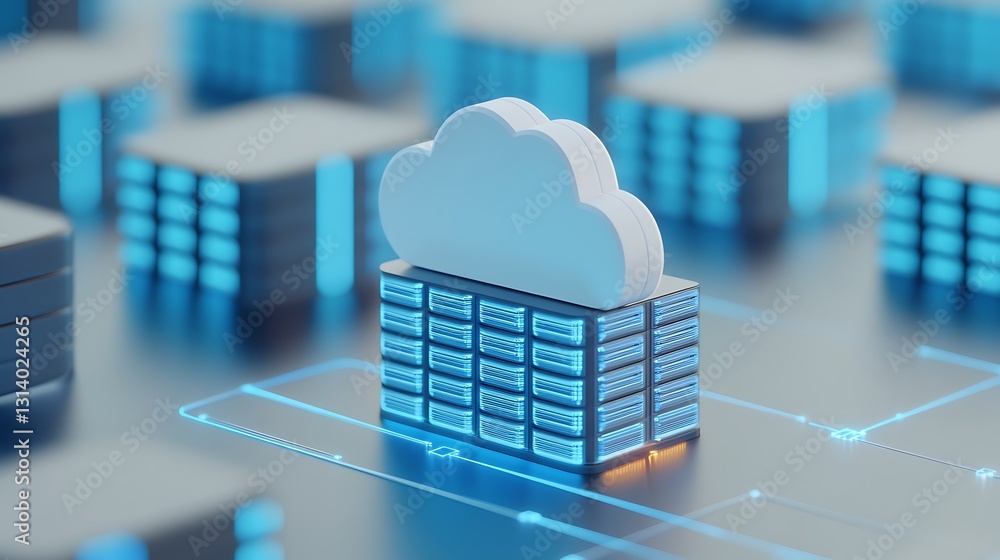Poster cloud computing data storage concept with server racks and digital network background