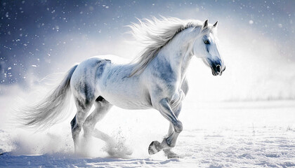 Fototapeta premium 雪原を走る白馬,Generative AI,AI画像